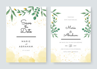 Wedding invitation set with abstract and green leaves flower watercolor background