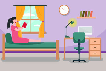Dormitory vector concept: Young girl enjoying leisure time while reading the book on the bed
