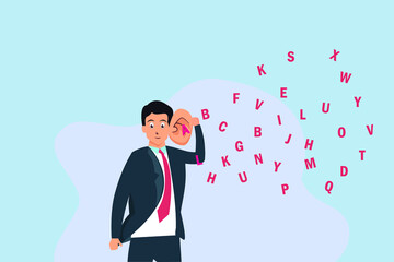 Curious businessman trying to hear a secret conversation, information or gossip