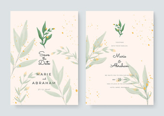 Fototapeta na wymiar Green yellow white and gold wedding set with hand drawn watercolor background. Includes Invintation, information, menu and thank you cards templates. Simple elegant luxury wedding background. Vector