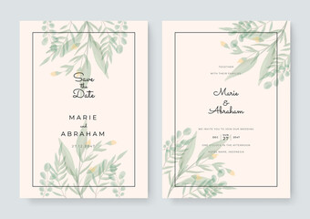 Green yellow white and gold wedding set with hand drawn watercolor background. Includes Invintation, information, menu and thank you cards templates. Simple elegant luxury wedding background. Vector