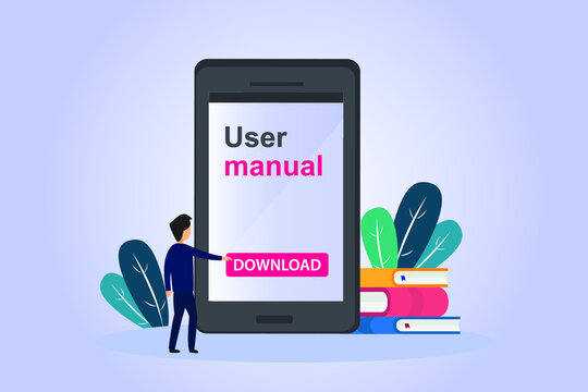 User Manual vector concept. Man downloading user manual book on mobile phone