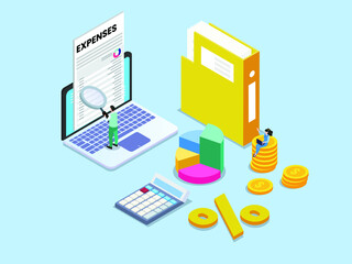 Expenses isometric vector concept. Businessman analyzing financial expense form on laptop computer