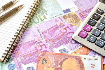 top view financial concept. euro money on desk background with copy space. flat lay                                           