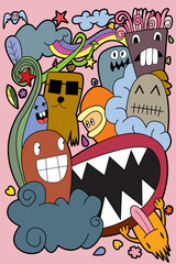 Funny monsters Doodle Cute background.  Vector illustration