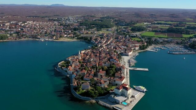 Aerial View Of Porec, Popular Summer Resort In Istria Peninsula By The Adriatic Sea In Croatia. 