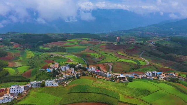 aerial view landscape, villages dongchuan district, kunming city, yunnan province, China. Beautiful colorful landscape of agricultural terraces.