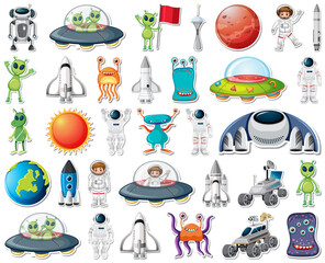 Set of stickers with Solar system objects isolated