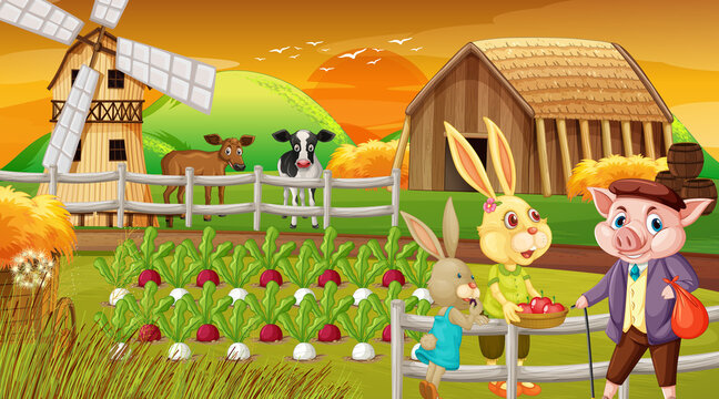 Farm at sunset time scene with rabbit family and a pig cartoon character