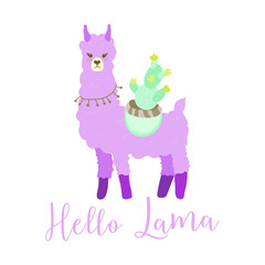 The isolated object on a white background. Postcard cute purple llama with cactus. Hello Vector in flat style. Children's illustration on a footwear, poster. © Happy_KrisMax