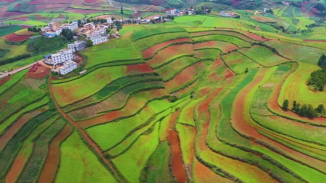 aerial view landscape, villages dongchuan district, kunming city, yunnan province, China. Beautiful colorful landscape of agricultural terraces.