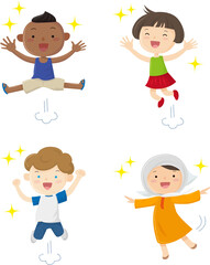 Children of various races happily jump, SDGs