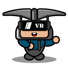 vector cartoon character doodle miner pickaxe cute mascot costume wearing virtual reality glasses