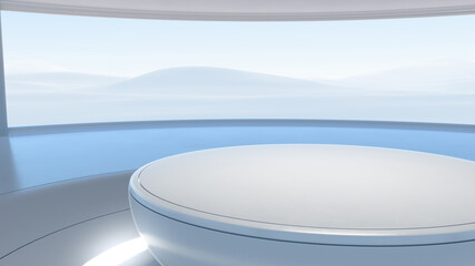 Futuristic product showcase background. Modern float pedestal for display, Platform for design with environment. 3D rendering.
