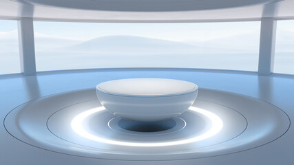 Futuristic product showcase background. Modern float pedestal for display, Platform for design with environment. 3D rendering.