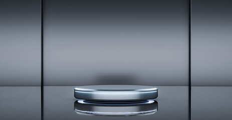 Blank cylinder product stand and silver background. Futuristic pedestal for display with light. 3d Rendering.