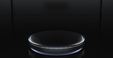 Blank cylinder product stand and Black background. Futuristic pedestal for display with light. 3d Rendering.