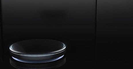 Blank cylinder product stand and Black background. Futuristic pedestal for display with light. 3d Rendering.