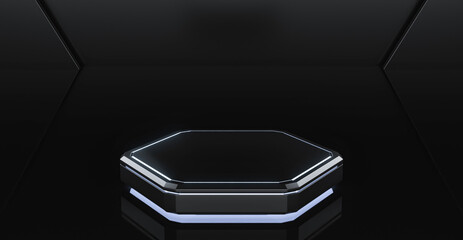 Blank hexagon product stand and Black background. Futuristic pedestal for display with light. 3d Rendering.
