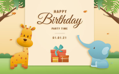 Cute train birthday greeting card. jungle animals celebrate children's birthdays and template invitation paper and papercraft style vector illustration. Theme happy birthday.