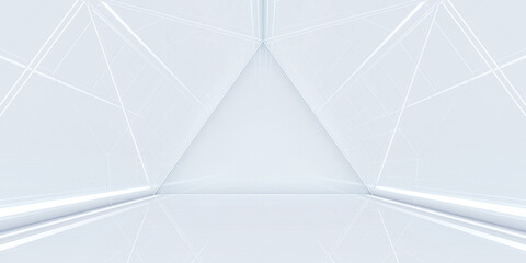 Futuristic modern white background. Abstract Triangle tunnel with light. Sci-fi corridor concept. 3d rendering.