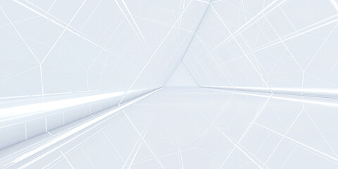Futuristic modern white background. Abstract Triangle tunnel with light. Sci-fi corridor concept. 3d rendering.