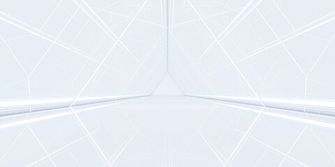 Futuristic modern white background. Abstract Triangle tunnel with light. Sci-fi corridor concept. 3d rendering.