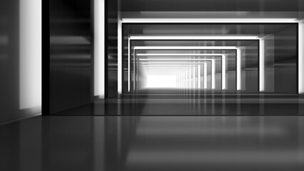 Abstract empty shining corridor interior with illumination. Futuristic Technology Design. 3d render illustration