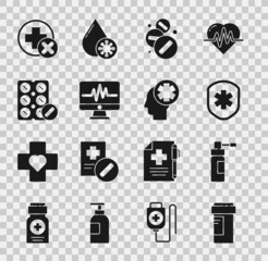 Set Medicine bottle, Bottle with nozzle spray, Medical shield cross, pill or tablet, Monitor cardiogram, Pills blister pack, Cross hospital medical and Male head icon. Vector