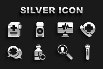 Set Bottle of medicine syrup, Emergency phone call to hospital, Test tube with blood, Medical analysis, Dialogue the doctor, Monitor cardiogram, prescription and pen and Medicine bottle icon. Vector