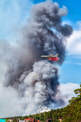 Big amphibious fire aircraft drops water on large forest fire near the village