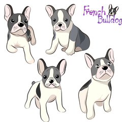 Cute Dog French Bulldog hand drawn doodle illustration in different poses. 