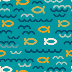 Obraz premium A conceptual pattern celebrates outdoors adventure, representing water, waves and fish in geometric shapes and elements. For any surface: paper products, textiles, wall coverings, digital realm items.