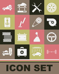 Set Chassis car, Steering wheel, Automotive turbocharger, Screwdriver and wrench spanner, Windscreen wiper, Online services, check automotive and Timing belt kit icon. Vector