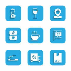 Set Coffee cup, street truck machine, Bag coffee beans, Street signboard, Cigarette, and conversation, Location with and Electric grinder icon. Vector