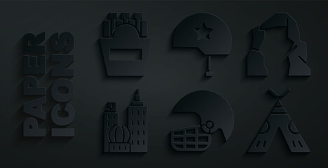 Set American football helmet, Grand canyon, City landscape, Indian teepee or wigwam, Military and Potatoes french fries in box icon. Vector © Kostiantyn