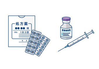ワクチンと注射器および処方薬