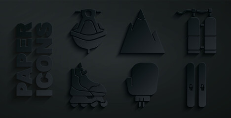 Set Boxing glove, Aqualung, Roller skate, Ski and sticks, Mountains and Jet ski icon. Vector