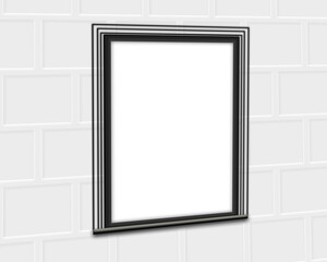 3D Frame On white bricks background. Photo or poster blank hanging on white wall texture (side view). one Picture frame with black border with copy space. 3d render illustration  