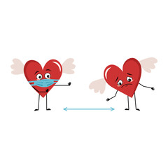 Cute character red heart with wings and with sad emotions, face and mask keep distance, arms and legs. Festive decoration for valentine day
