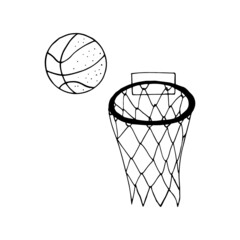 basketball basket and ball. hand drawn doodle icon. vector, scandinavian, nordic, minimalism monochrome sports equipment game.