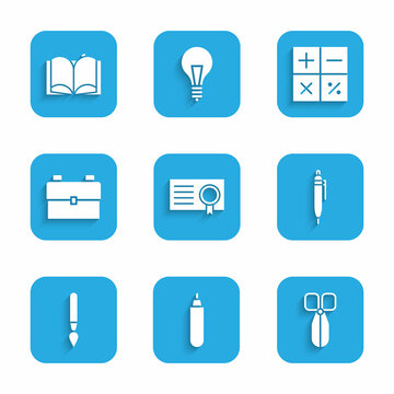 Set Certificate template, Marker pen, Scissors, Pen, Paint brush, School backpack, Calculator and Open book icon. Vector
