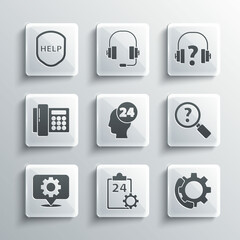 Set Checklist with 24 hours service, Telephone support, Unknown search, Support operator in touch, Location gear, Shield text Help and Headphones icon. Vector