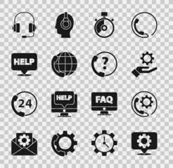 Set Location with gear, Telephone 24 hours support, Settings in the hand, Stopwatch, Speech bubble text Help, Headphones and icon. Vector