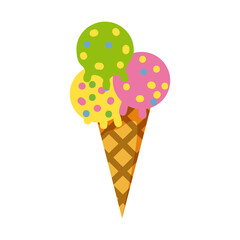Ice cream cone waffle different color balls. Vector illustration isolated cartoon