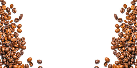 Coffee beans on white as a frame, top view. Place for text, flat lay, copy space.