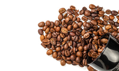 Coffee beans and black cup on white, banner, place for text, serhu view.