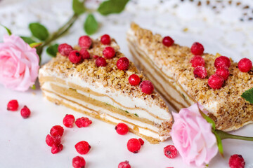 French Rustic Vanilla Cake with Red Cranberries and Pink Rose 