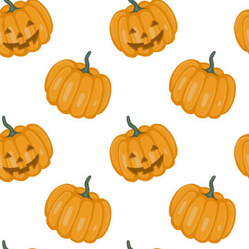 Vector seamless pattern with pumpkins for Halloween. Hand drawn illustration. The print is used for Wallpaper design, fabric, textile, packaging.