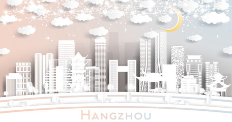 Hangzhou China City Skyline in Paper Cut Style with White Buildings, Moon and Neon Garland.